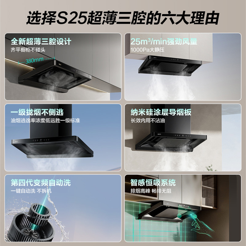 华帝(vatti)[小飞碟]超薄三腔i11S25+10301欧式顶侧一体抽油烟机变频25风量大吸力5.2kW灶具