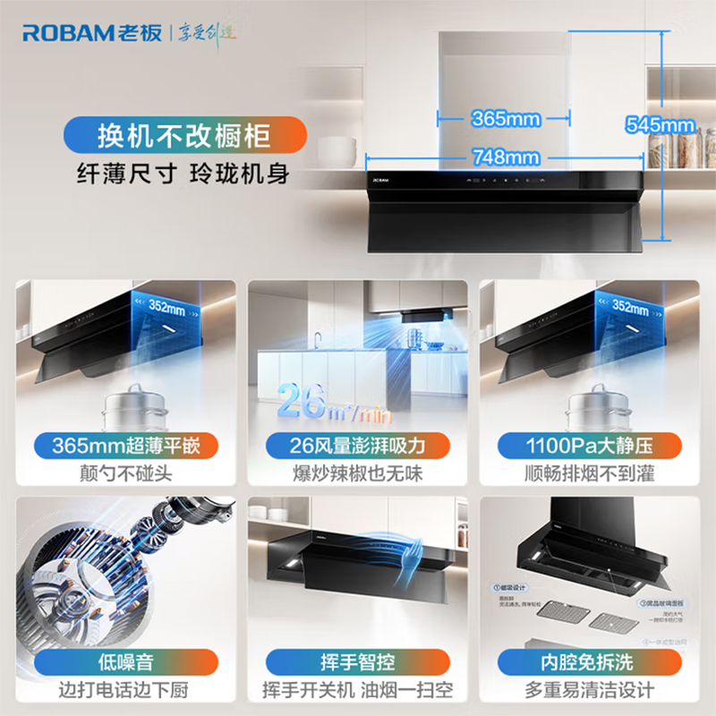 老板(Robam)[超薄平嵌小黑镜L1mini]26风量抽吸排油烟机顶侧一体家用小尺寸大吸力可搭燃气灶61A9S高清大图