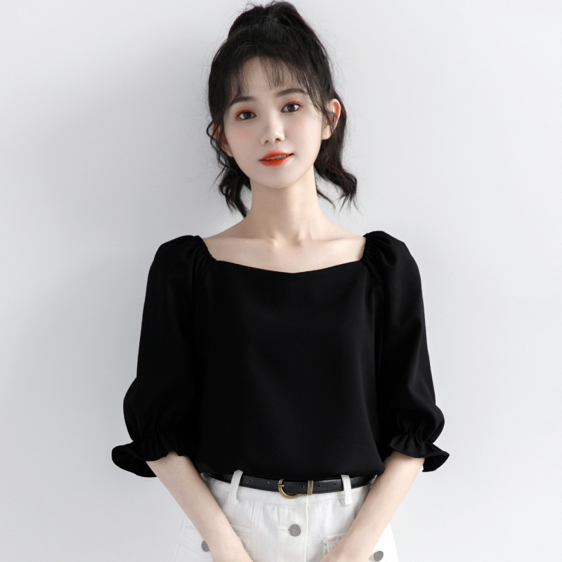 2021新款法式泡泡袖露锁骨方领短款上衣女夏简约百搭显瘦黑色短袖 黑色 S