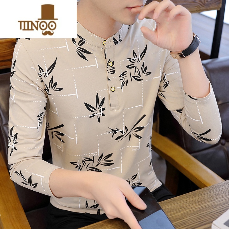 YANXU新款印花长袖男t恤韩版潮流修身上衣男士立领内搭打底衫