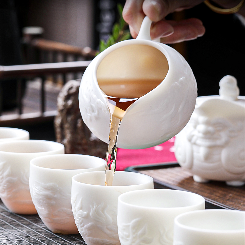 MULTIPOTENT整套功夫茶具羊脂玉中国白国潮浮雕手抓龙壶一壶6杯套装礼盒高清大图