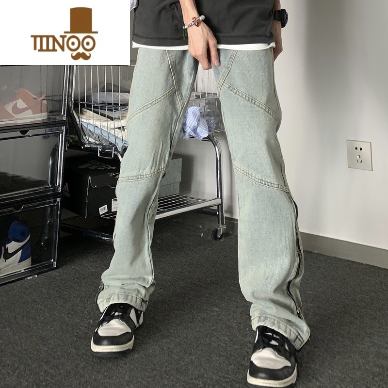 YANXUGTGA美式高街水洗做旧牛仔裤潮牌拉链设计感修身显瘦男女修N拉瘦高清大图