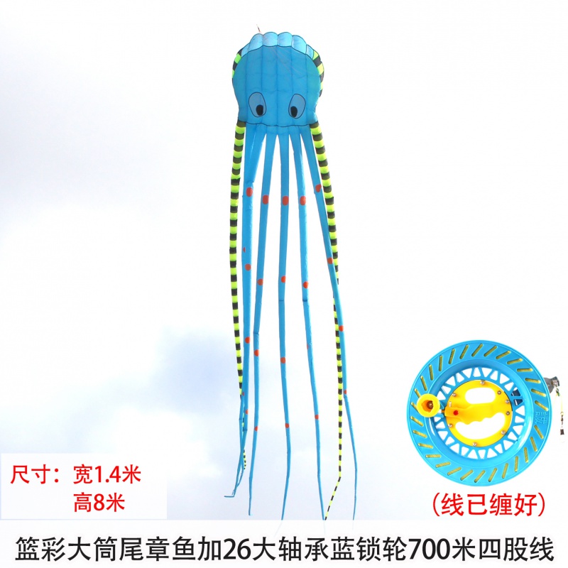 潍坊风筝 8米立体筒尾大章鱼风筝新款大型成人软体易飞大风筝创意 三维工匠 米白色蓝章26大轴蓝四线高清大图