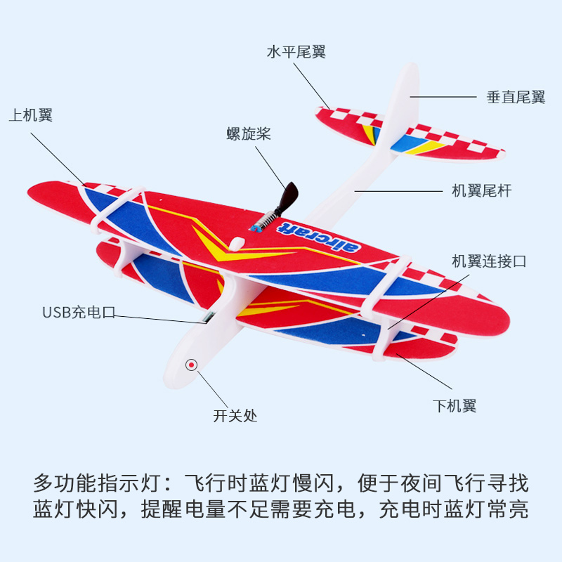 电动手抛飞机充电泡沫回旋滑翔机耐摔儿童拼装塑料航模型户外玩具 彩灯款双翼机[4]号