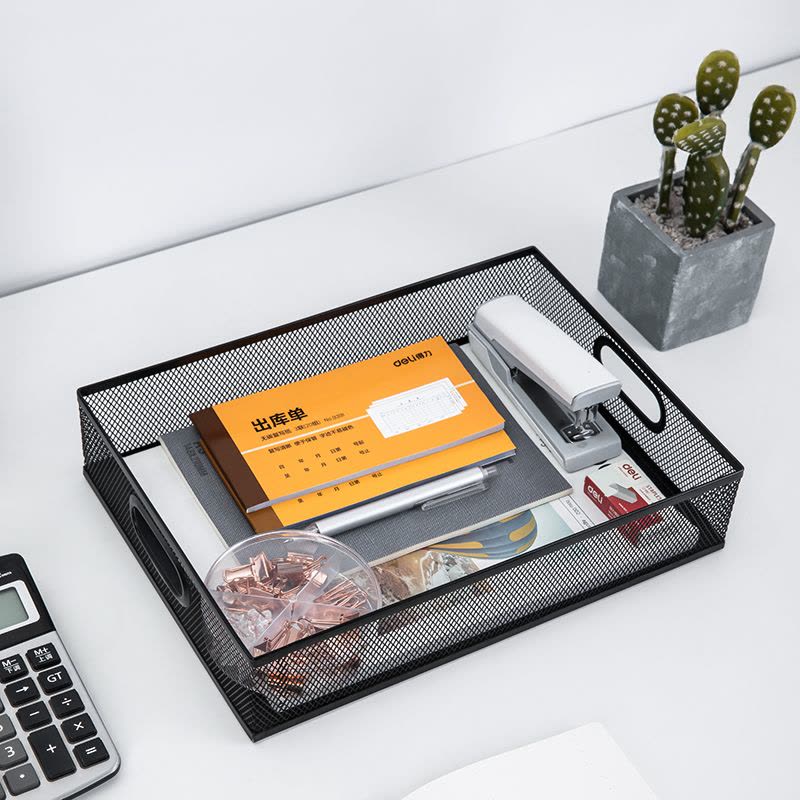 得力(deli) 79080黑色金属商务方形文件框镂空网材文件桌面收纳文件架资料架文件篮图片