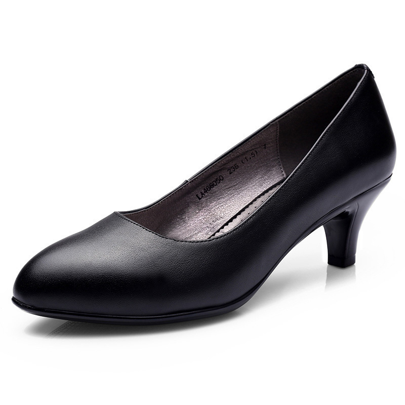 强人3515职业真皮浅口单鞋女中跟尖头女鞋黑色中跟工装鞋ol工作鞋
