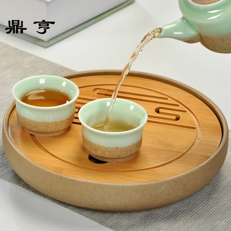 鼎亨储水式干泡台茶盘陶瓷小家用简约壶承茶具托盘茶台粗陶圆形竹