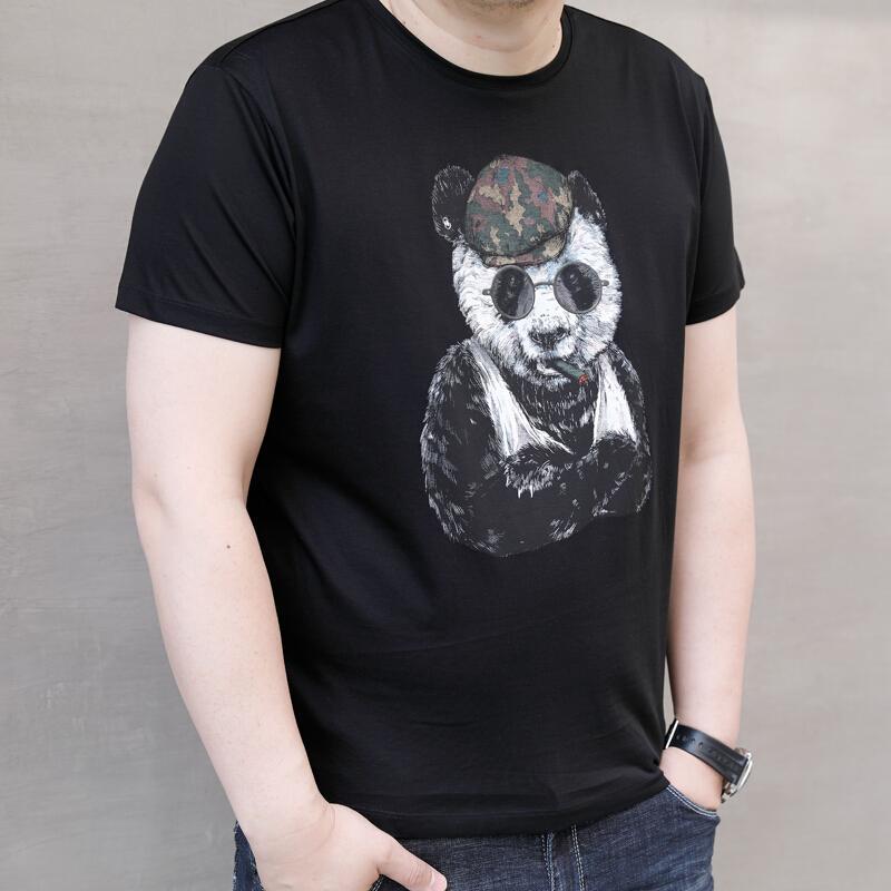 夏熊猫潮胖子大号男装加肥加大码圆领男士短袖T恤