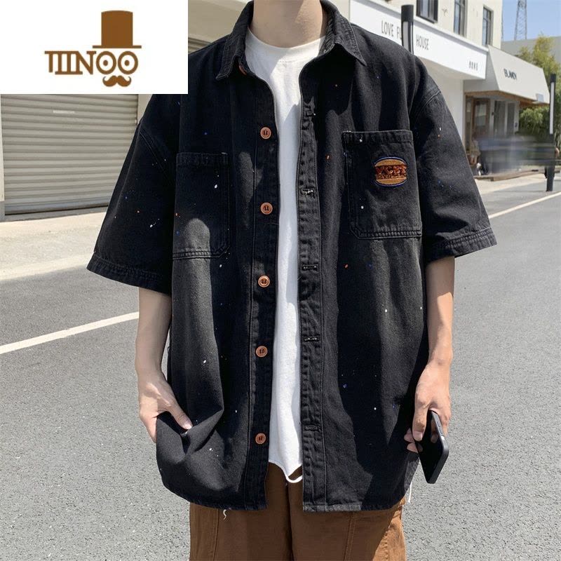 YANXU牛仔短袖衬衫男生夏季新款潮牌水洗做旧衬衣美式复古宽松休闲外套图片