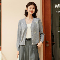 【含羊毛】恒源祥针织衫2024年秋冬新款绣花时尚纽扣开衫软糯女装 175/96A/XL 灰色