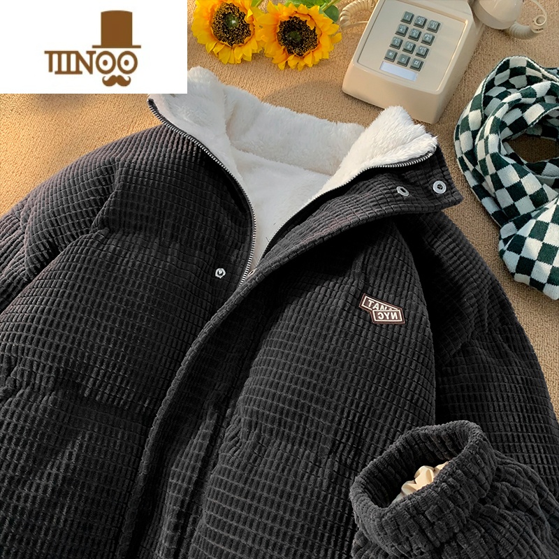 YANXU羔毛外套男冬季潮流宽松休闲面包服棉衣加绒加厚保暖灯芯绒棉服 黑色 L