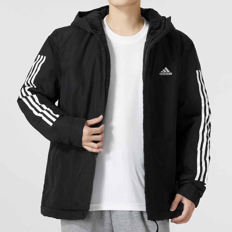 阿迪达斯 (adidas)男装棉服新款运动服三条纹夹克保暖防风休闲连帽外套IP2537 ZP IP2537/黑色 L