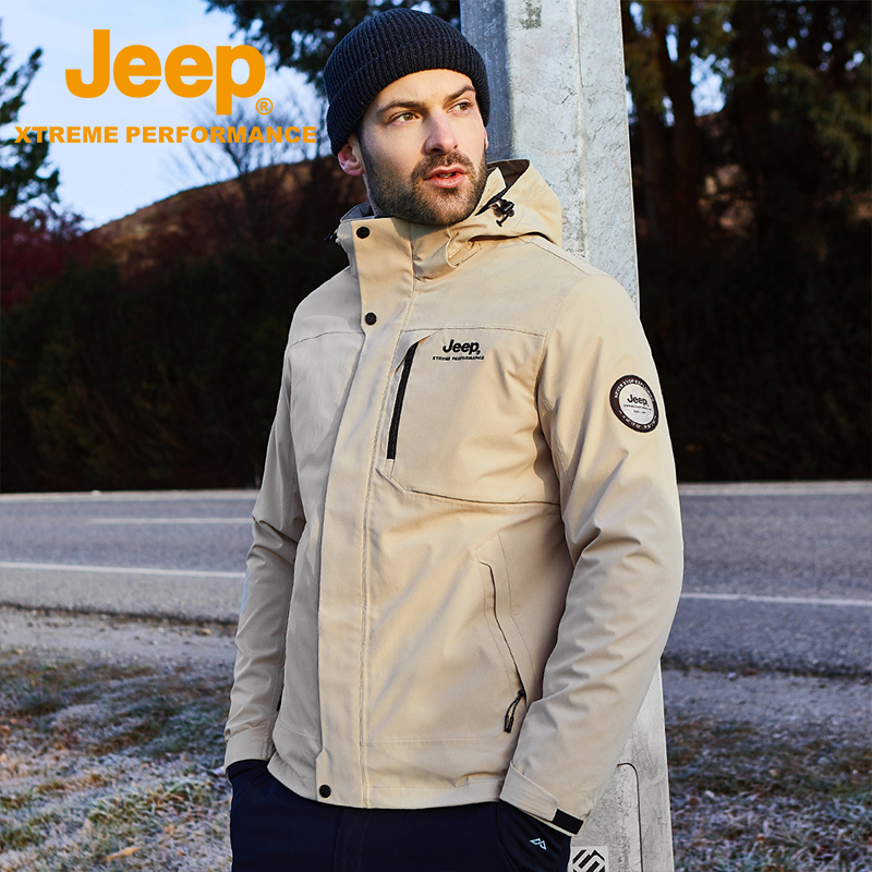 Jeep防水冲锋衣男士三合一可拆卸登山服抗寒加厚外套