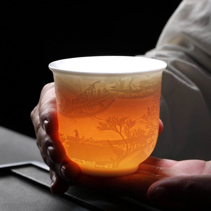 常生源 茶杯 白瓷杯子品茗杯大号主人杯功夫茶具配件 清明上河图主人杯