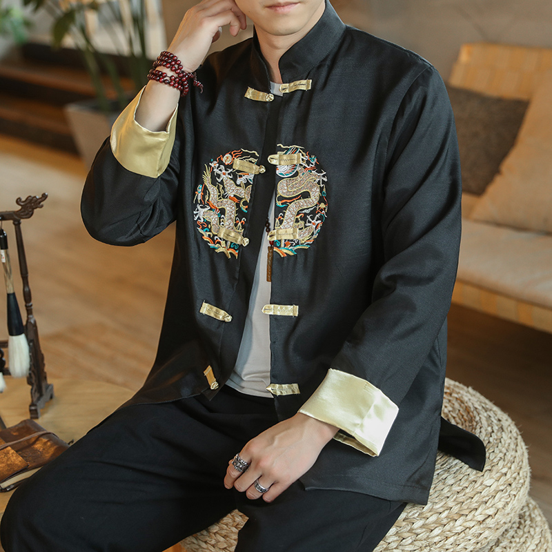 SUNTEK中国风男装盘扣唐装刺绣夹克立领中山装外套上衣改良汉服古装禅服夹克