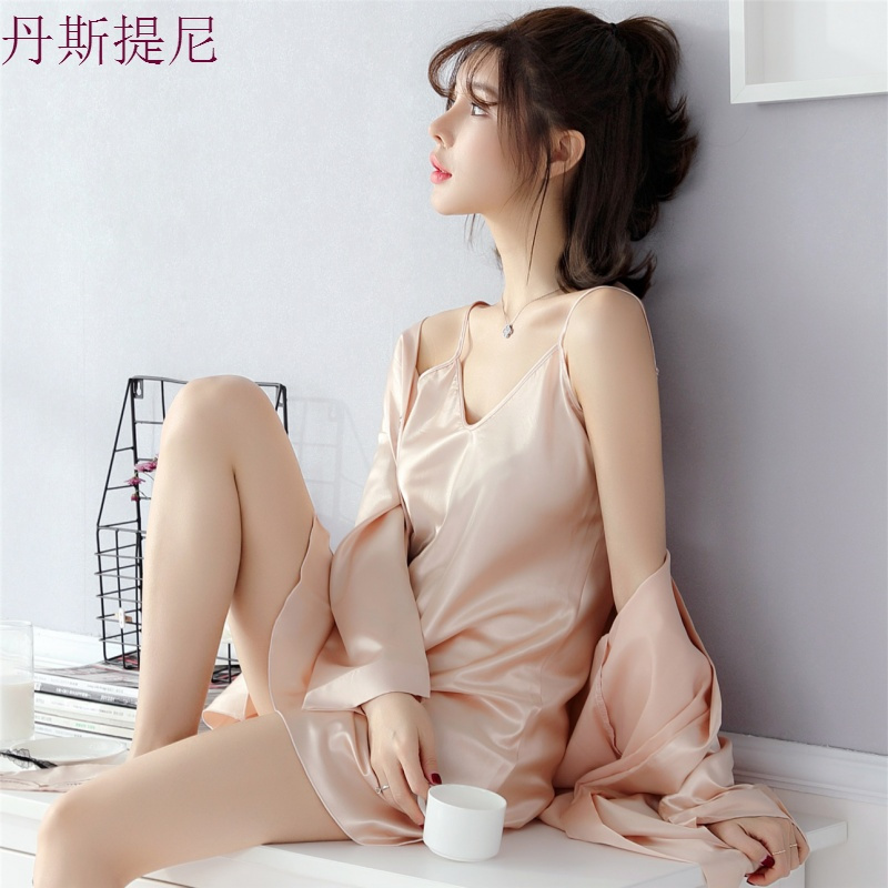 春秋季睡衣女真丝夏季长袖性感冰丝绸带睡裙睡袍两件套装家居服