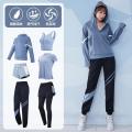 瑜伽服女健身房跑步套装运动服网红透气瑜伽服上衣套装_840 L【建议：105-120斤左右】 灰蓝六件套【短袖】TC22143