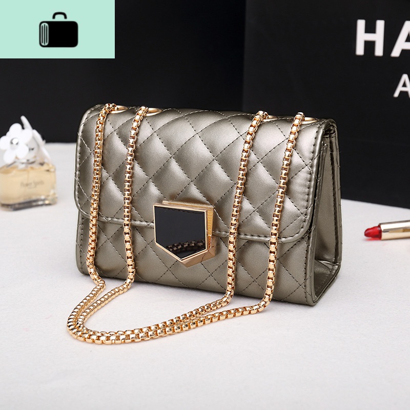 包包女2020新款潮韩版百搭菱格链条包单肩斜挎包简约大气迷你女包NEWLAKE 金灰色小号