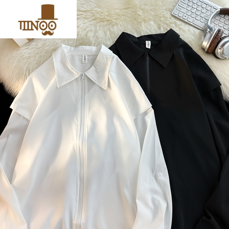 YANXU拉链痞帅白色衬衣男长袖小众设计感潮牌宽松港风复古纯色寸衫外套高清大图