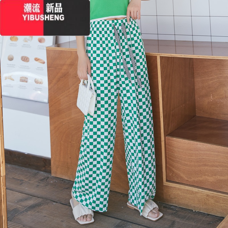 YIBUSHENG大码冰丝阔腿裤女薄款棋盘格直筒裤胖mm200斤高腰垂感休闲裤300 冰丝格子阔腿裤-绿白格 均码建议80-110斤