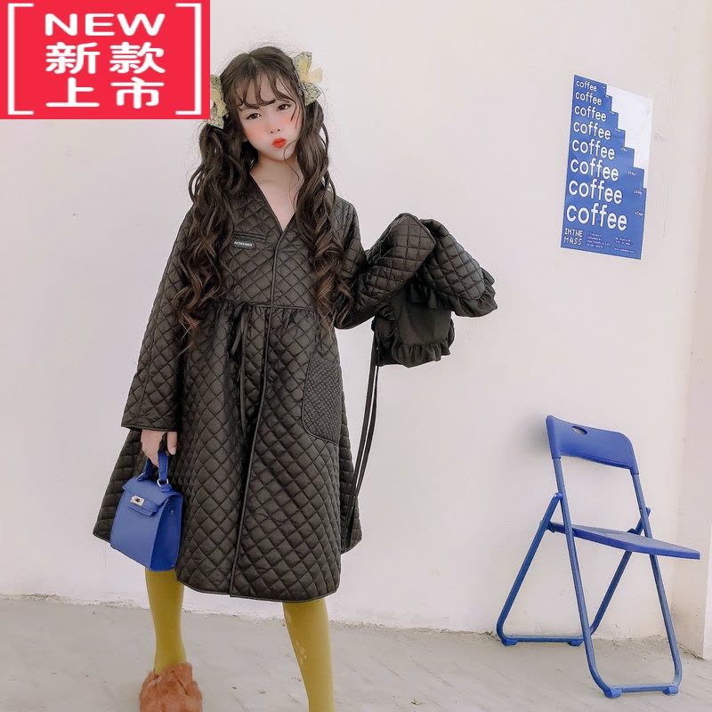可莉允女童洋气加绒连衣裙2022秋冬新品中大童中长款压棉娃娃领棉服外套图片