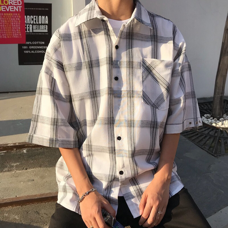 18韩复经典格铁环宽松短袖衬衫男款