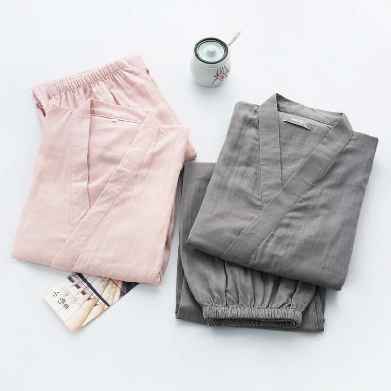日式棉质纱布和服春夏男女情侣家居服套装浴袍日系汗蒸服绑带睡衣