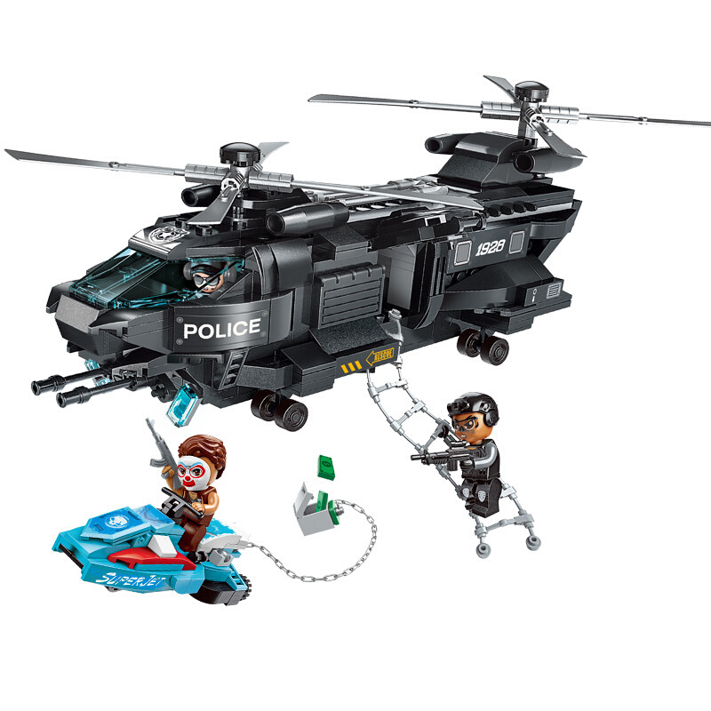 启蒙积木特警飞鹰阻击行动兼容乐高玩具黑鹰直升机警察飞机儿童拼装