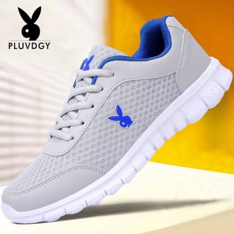 花花公子男鞋夏季透气网面薄款运动鞋飞行员休闲鞋内增高潮鞋灰蓝42