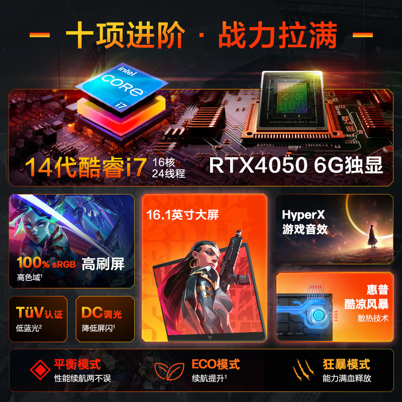 惠普(HP)光影精灵10 16-R1196TX 16.1英寸高性能电竞游戏本笔记本电脑(i7-14650HX 16G内存 512G固态 RTX4050 6G独显 165HZ高刷屏)