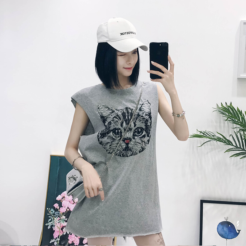 夏装2018韩版宽松背后绑带咪印花中长款无袖背心T恤女yy白色均码