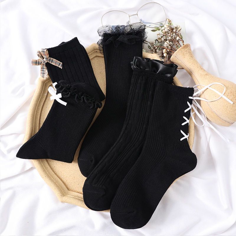 黑色精梳棉洛丽塔袜子女秋冬蕾丝花边日系jk中筒四季lolita学生袜1