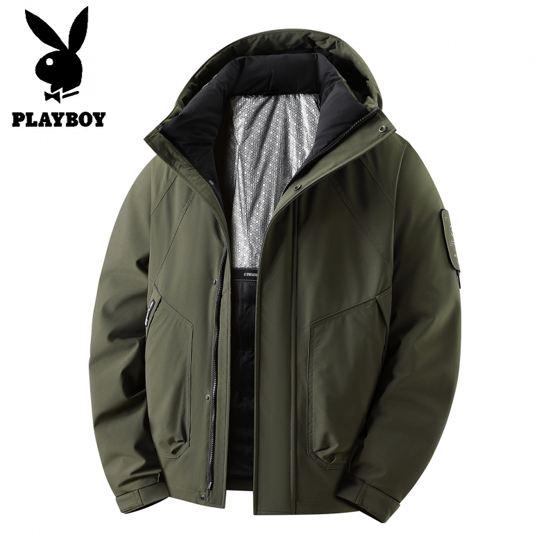 花花公子新款高品质90%鸭绒冬季加厚羽绒服男士短袖连帽保暖面包服外套男_154高清大图