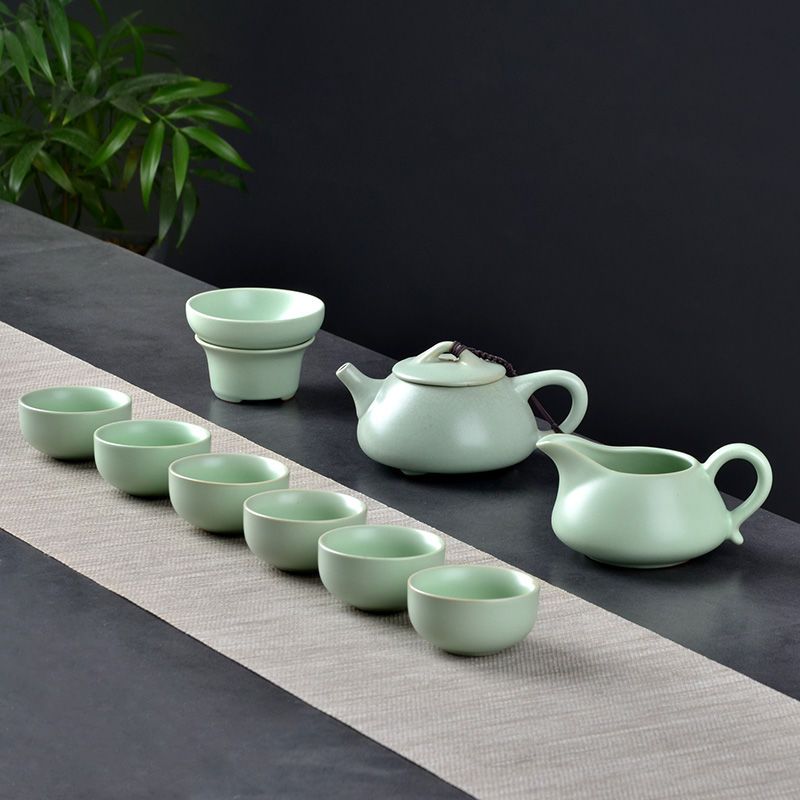 汝窑茶具套装家用简约茶杯茶壶茶海整套茶具10头陶瓷茶具礼盒套装 单过滤组