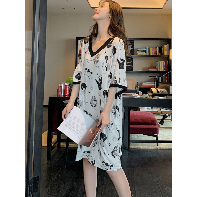 YUNWUXIN莫代尔睡裙中袖宽松加大码性感女夏薄款孕妇连衣裙胖MM家居服睡衣睡衣