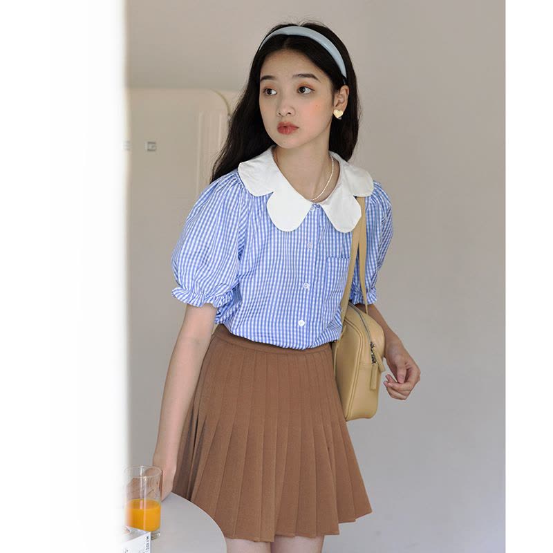 2022夏季新款复古蓝色条纹花瓣领衬衫上衣女图片