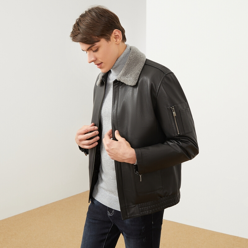 q羊羔毛柒牌男士毛领皮衣时尚青年机车风冬季厚款机车翻领外套121jj