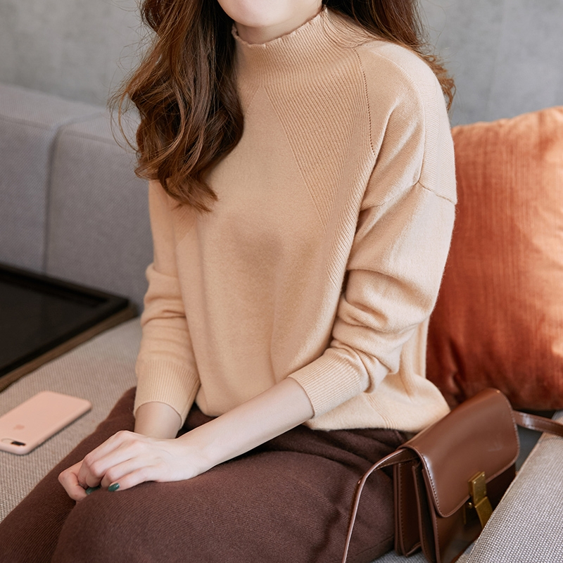 秋冬新款韩版半高领套头毛衣纯色宽松针织打底女暖色系纯羊绒