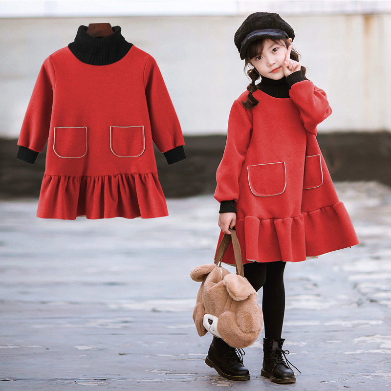 huayangtu女童连衣裙冬季儿童加绒加厚冬装超洋气裙子高领保暖中大童