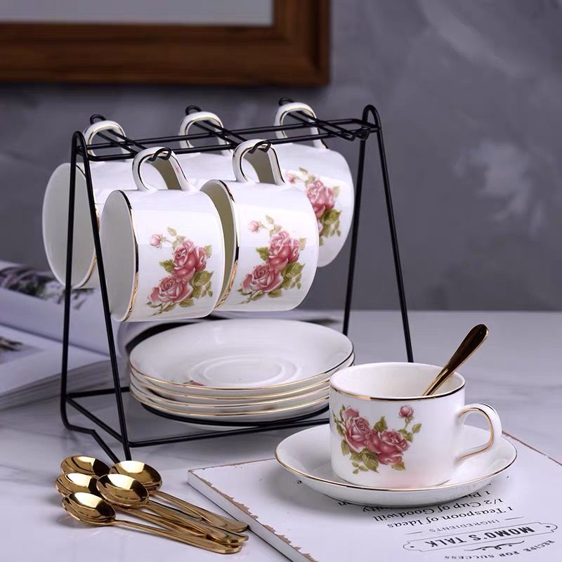 苏宁放心购欧式咖啡杯套装英式茶杯茶具杯碟简约陶瓷红茶杯下午茶杯子送架子
