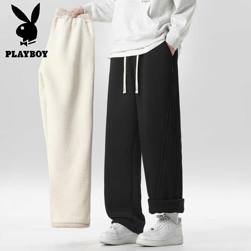 花花公子新款高品质冬季大码羊驼绒青少年休闲裤宽松学生裤子宽松直筒男生裤子高清大图