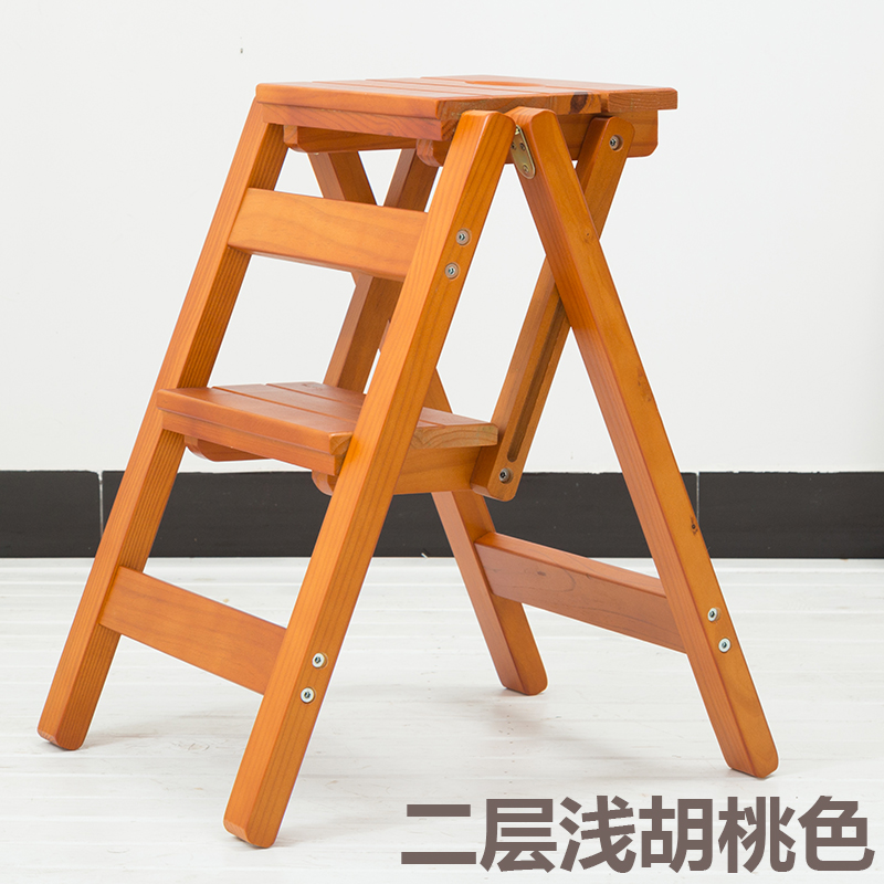 家用梯子室内多功能折叠梯实木加厚登高三步人字梯小楼梯两用梯椅 三维工匠 二层折叠梯浅胡桃色高清大图