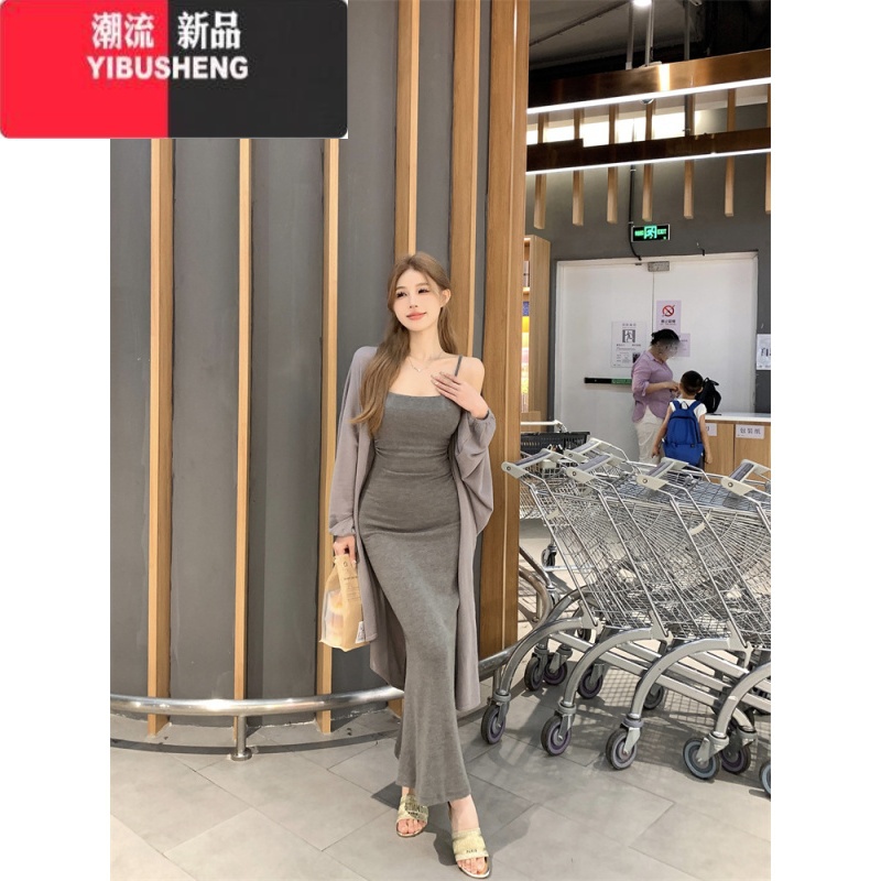 YIBUSHENG灰色带胸垫吊带连衣裙女季纯欲收腰裙子性感显身材包臀鱼尾长裙