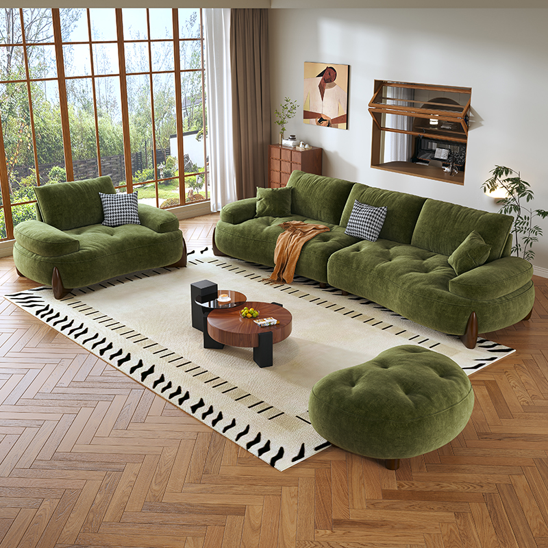政府补贴中古风客厅靠背小户型弧形大坐深绿色复古风布艺沙发高清大图