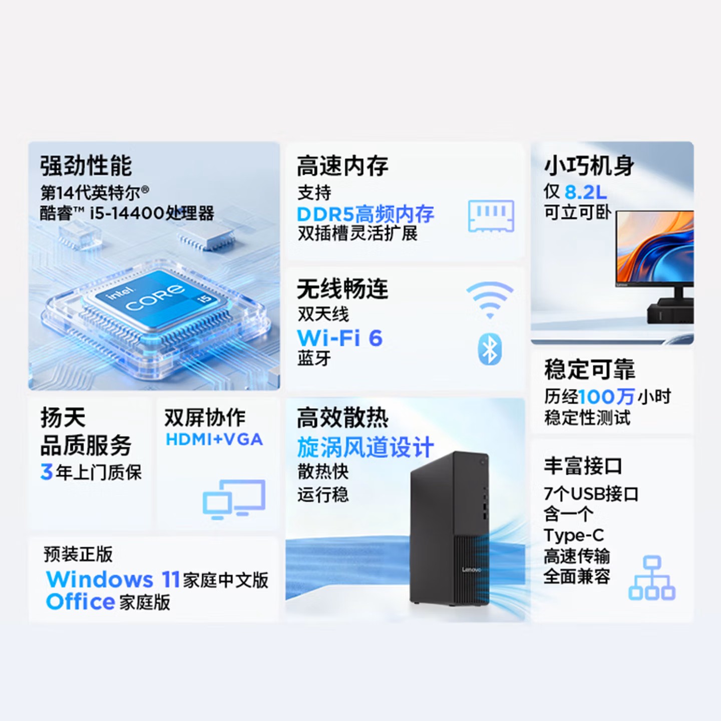 联想(Lenovo)扬天M4000q 台式电脑主机(酷睿14代 i5-14400 32G DDR5 1TB SSD wifi office Win11)商用家用办公学习高清大图