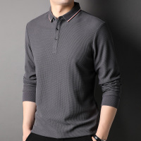 恒源祥定制LOGO华夫格桑蚕丝长袖t恤男士商务翻领高端工装上班服纯色t恤 XL/180/52 深灰