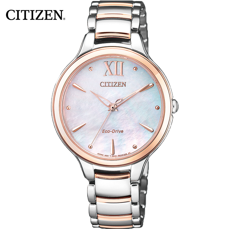西铁城(CITIZEN)手表女日本光动能间粉金色不锈钢表带天然贝母表盘时尚休闲女表EM0556-87D