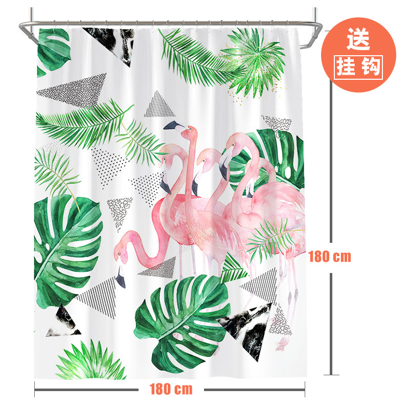 北欧ins风火烈鸟浴帘网红加厚防水布浴缸挂帘子浴室淋浴隔断拉帘 公主粉火烈鸟浴帘宽180高180送钩 默认尺寸