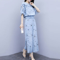 忆香妃(YI XIANG FEI）套装女2019新款女装夏季两件套裤雪纺碎花上衣阔腿裤休闲时尚套装