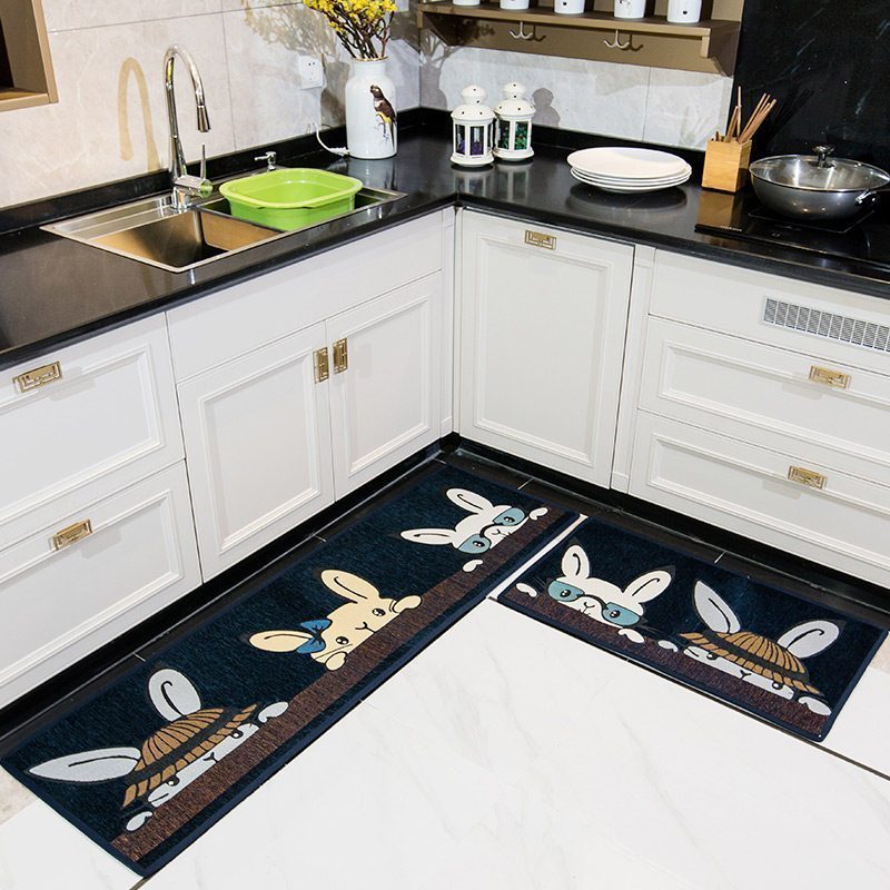 美帮汇厨房地垫防滑吸水吸油家用脚垫卧室垫子耐脏浴室垫长条地毯 兔八哥蓝 45*80+45*180cm（2条装减5元）